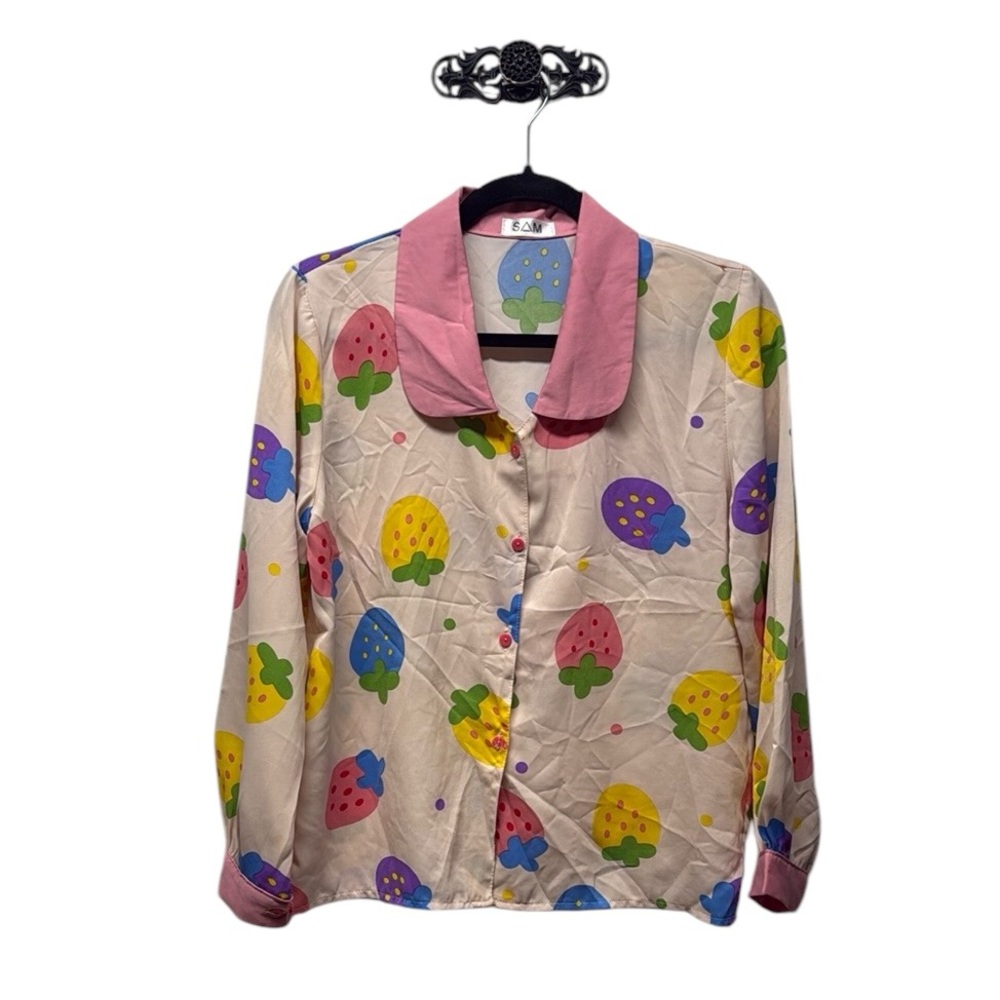 Colorful strawberry 🍓 Fruit Print Blouse with Pink Collar multicolor blouse